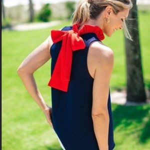 Tuckernuck Pomander Place Mason Ruffle Bow Tie Blouse Navy & Red SMALL
